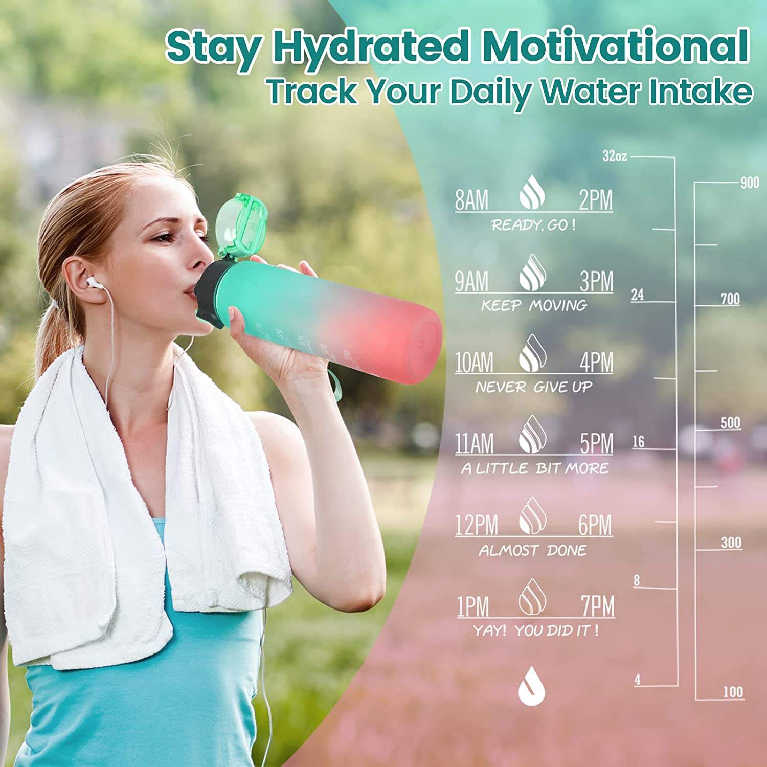 Bpa Free Hot 2025 Gradient Time Marker Sports 32 OZ Water Bottle with Straw Lid