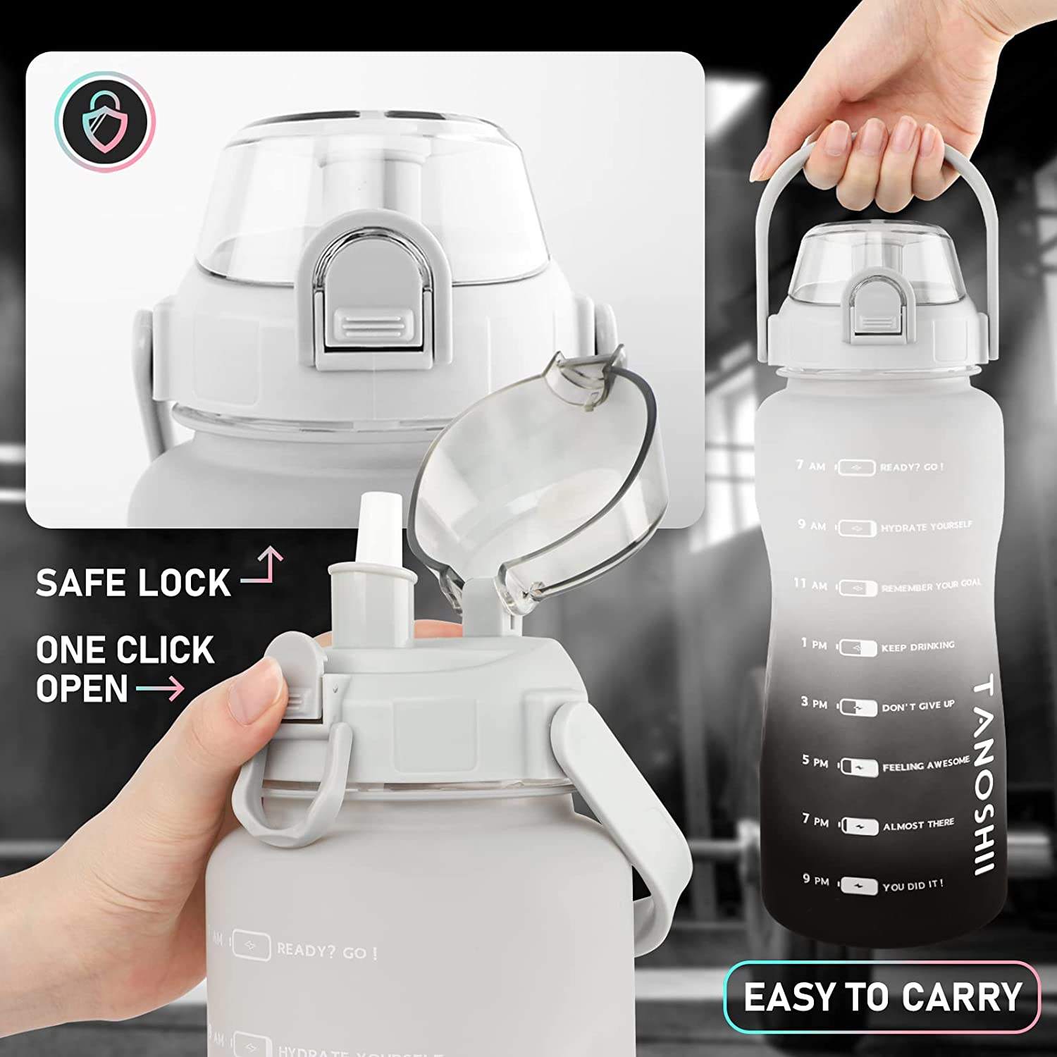 With Time Marker Straw Flip Top Divtop Handle Plastic Big Gym Sports 2200ml Jugs Motivational Half One 1 Gallon Water Bottle