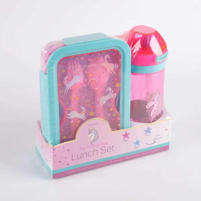 School Kids Leak-Proof Travel Children Plastic Food Lunch Box Set and Water Bottle