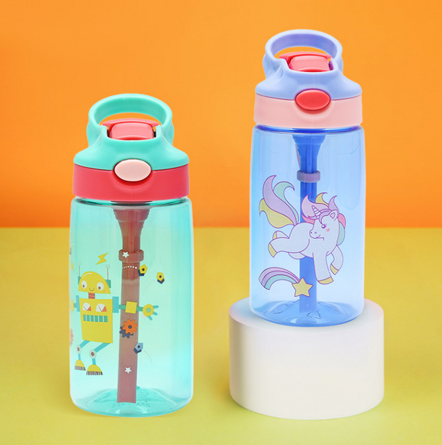 480ML BPA Free Cartoon Plastic Water Bottle With Straw and Handle for Children