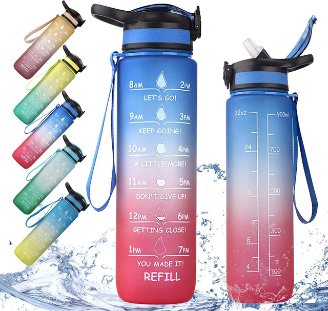 TRIATN BPA Free Large 32 oz Leak Proof Fitness Sports Water Bottle with Motivational Time Marker Straw and Handle
