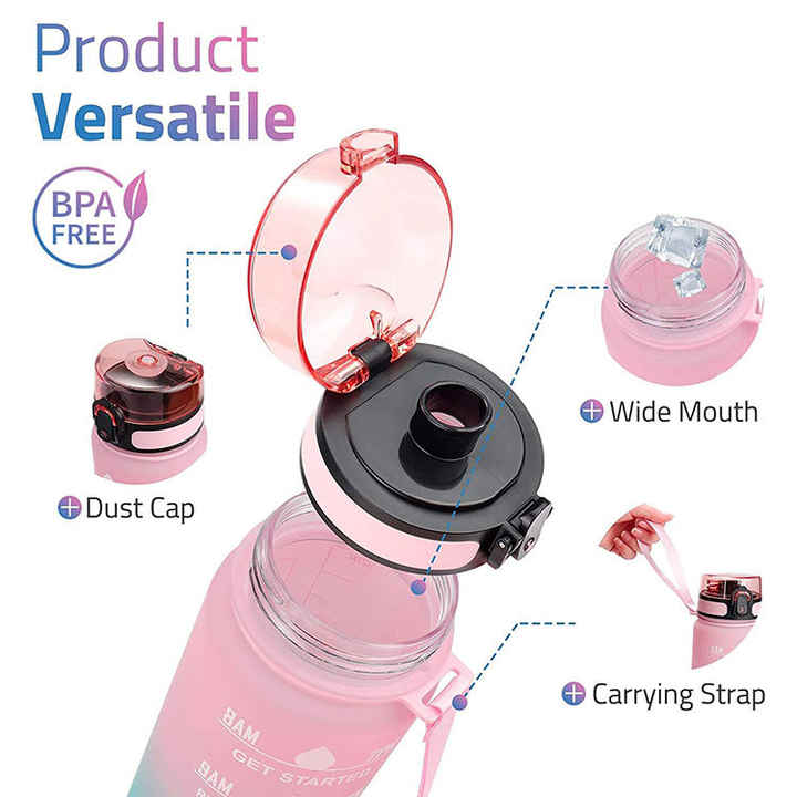 1000ML BPA Free Motivational Outdoor Tritan Plastic Water Straw Bottle With Handle