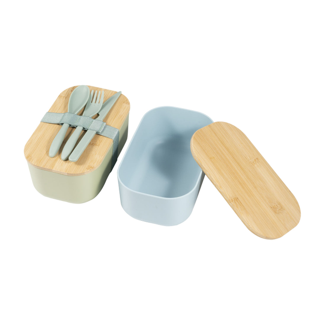 40oz Portable Office PP Bento Box Bamboo Lid Fiber Plastic Lunch Box with Dinnerware for School