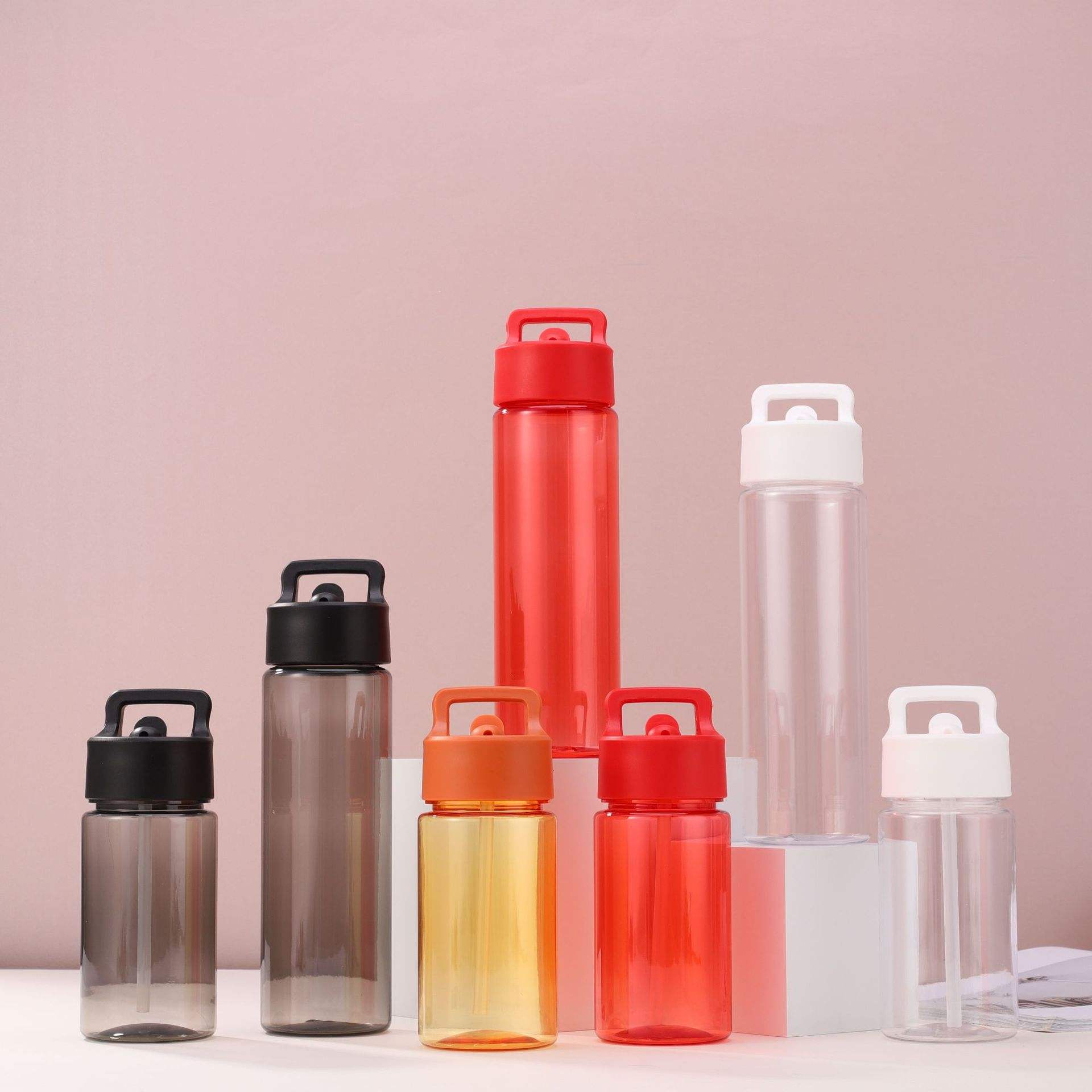 Factory Portable Handle Straw Plastic Beverage Bottle 450ml Children Outdoor Back to School Water Cup