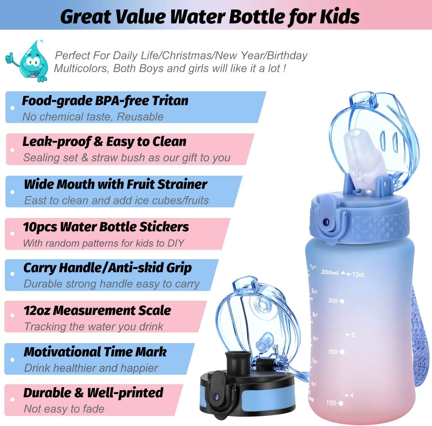 12OZ Tritan Kids Water Bottle Leakproof Reusable Motivational Water Bottles With Time Marker Straw