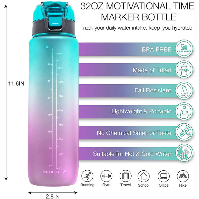 32 oz Motivational Water Bottle BPA Free Leakproof Tritian Frosted Portable Reusable Fitness Sport 1L Plastic Water Bottles