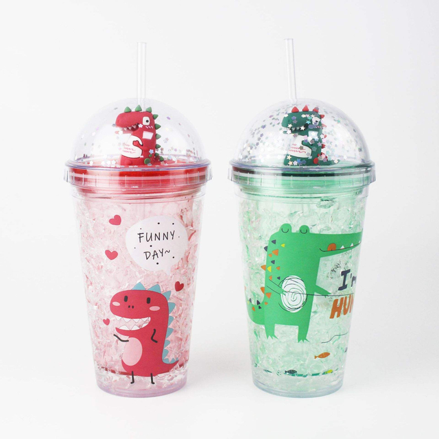 Summer New Ice Cup Bottle with Light Double-layer Straw Plastic Water Cup Bottle Cartoon Crushed Ice Cup Bottle