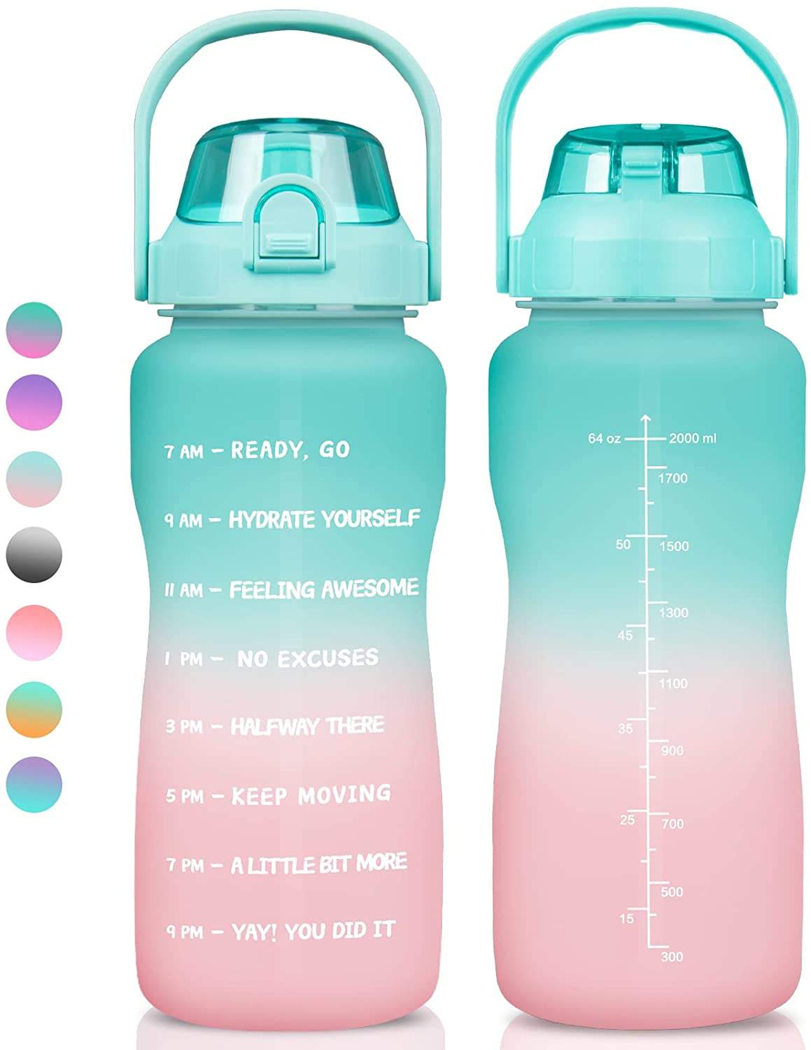 2L 64 oz Half Gallon Bpa Free Plastic Sports Motivational Water Bottle With Time Marker Sleeve and Strap