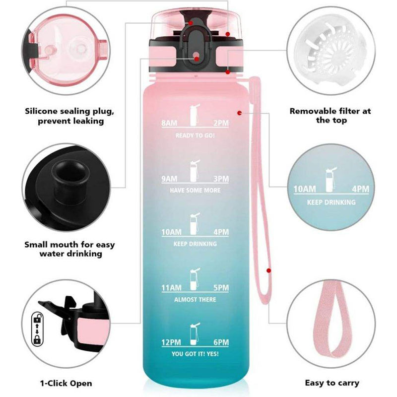High Quality 32Oz Leak Proof Wide Mouth Motivational Plastic Water Bottle With Time Marker Filter Strap