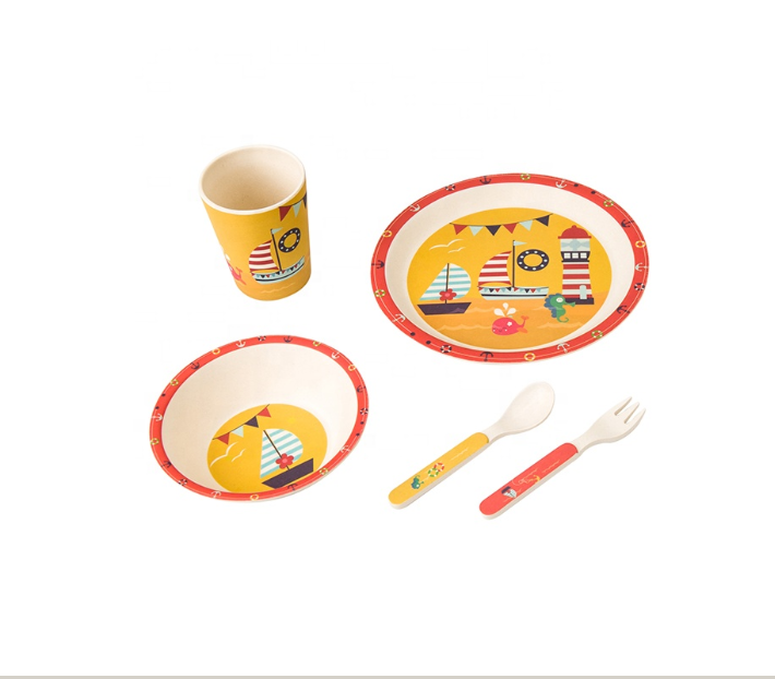 Hot Selling Custom Print Biodegradable Baby Feeding Dishes 5pcs Set Bamboo Fiber Plate Set