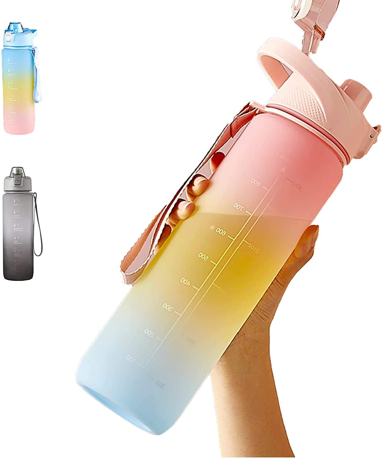 32oz Motivation Water Bottle with Time Marker BPA Free & Frosted Tritan Plastic Water Bottle with Fruit Strainer