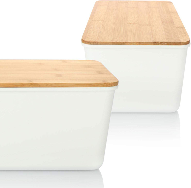 Rpet Recycle Plastic Bread Bin With Bamboo Lid and Bamboo Lid Can Be Used As a Chopping Board,Easy Care Storage Box for Food