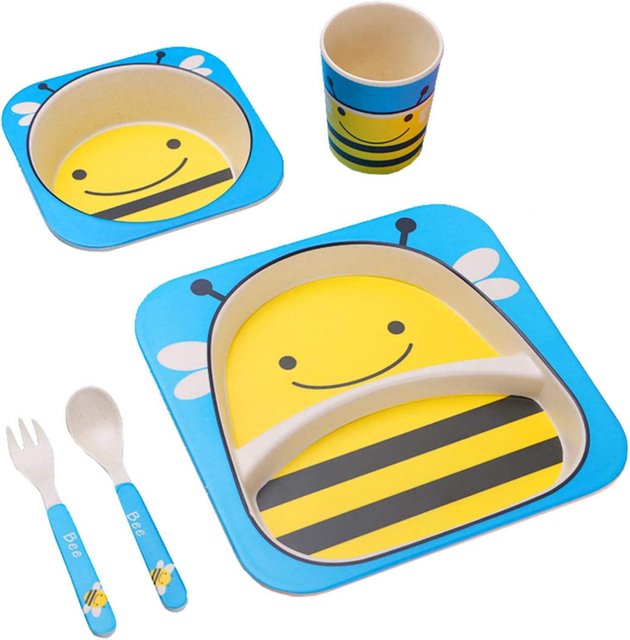 Rpet Plastic Kids Eat Lunch Eat Dinner Plate with Plate Bowl Cup Fork and Spoon 5 Sets Eco-friendly Tableware