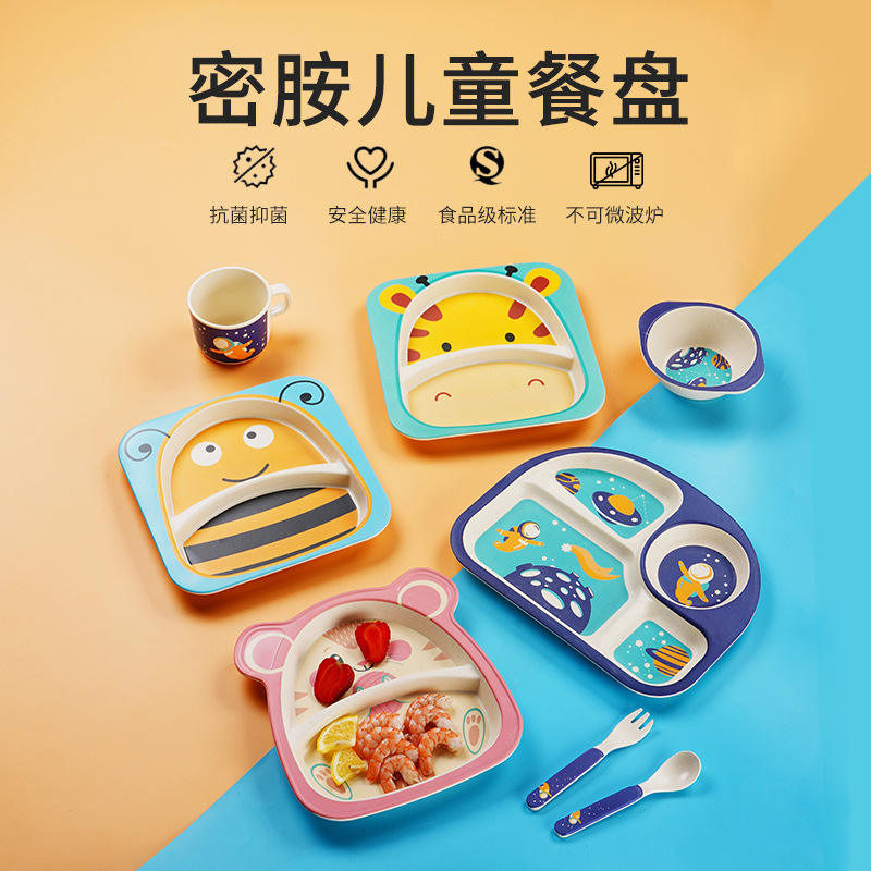 Rpet Plastic Kids Eat Lunch Eat Dinner Plate with Plate Bowl Cup Fork and Spoon 5 Sets Eco-friendly Tableware