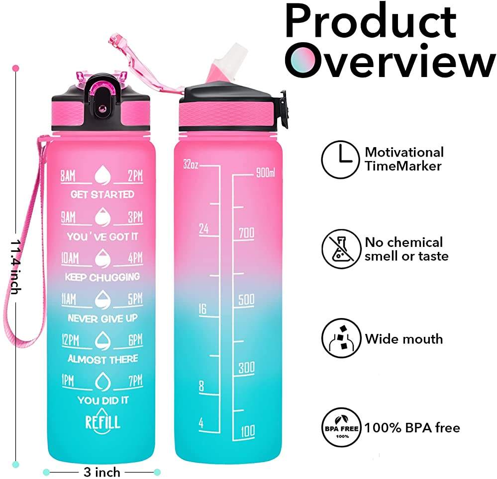 32 oz Motivational Water Bottle Sports Water Bottle with 1000ml Straw Plastic Water Bottle Bpa Free