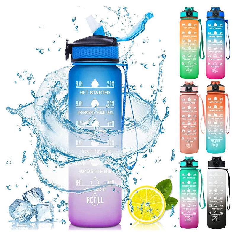 Workout Sport Custom Logo Insulated Straw Strainer Tritan 1L Plastic Motivational Water Bottles with Time Marker