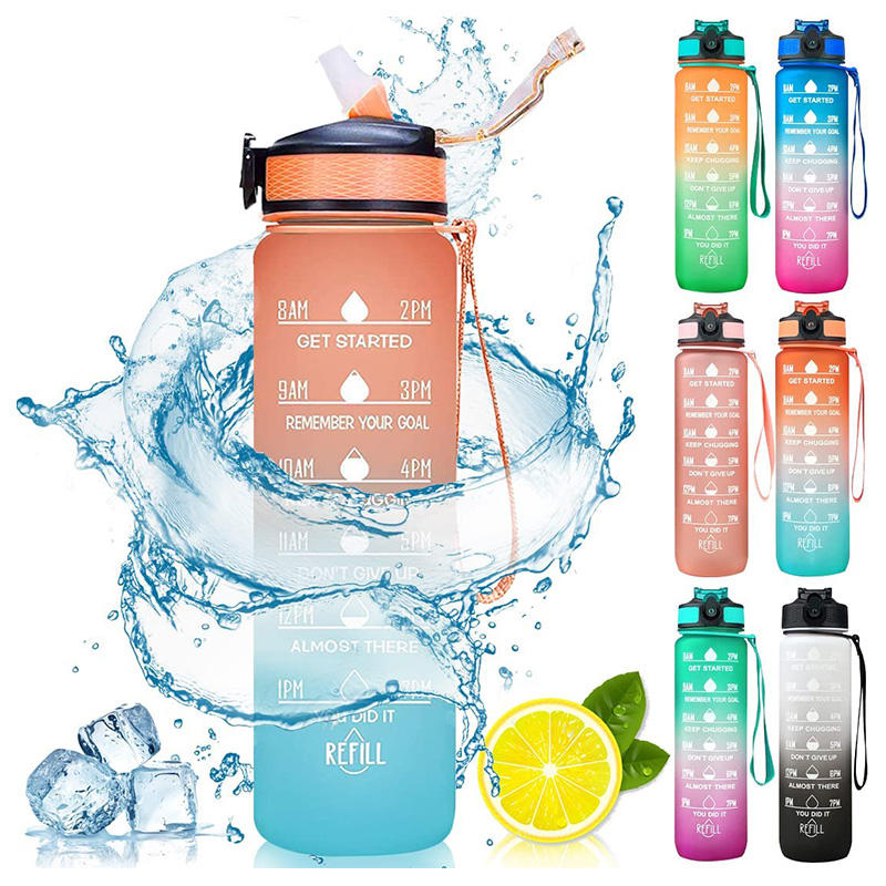 Workout Sport Custom Logo Insulated Straw Strainer Tritan 1L Plastic Motivational Water Bottles with Time Marker
