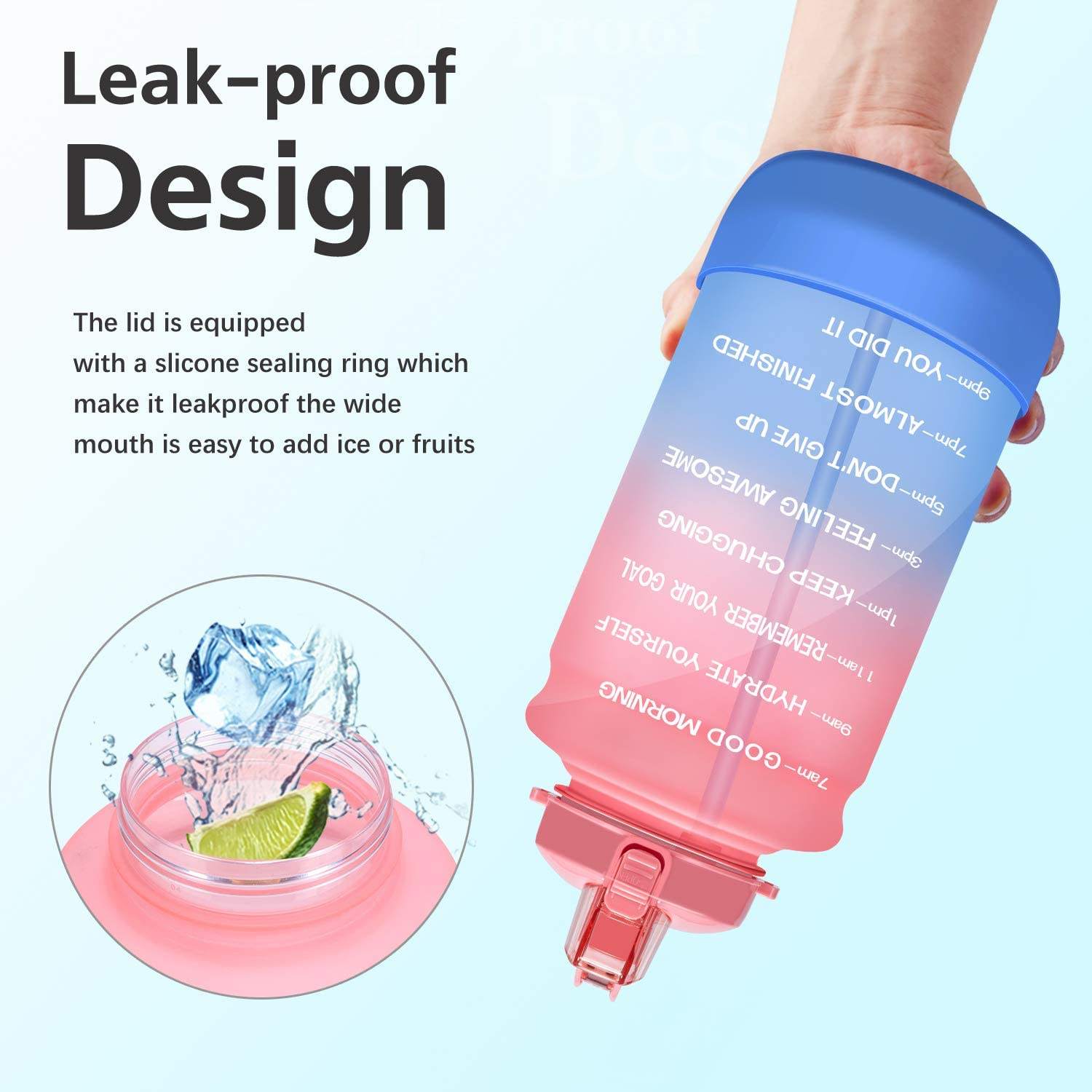 64 0z Motivational Time Marker Water Bottle with Straw Protective Silicone Boot Large Daily Water tank