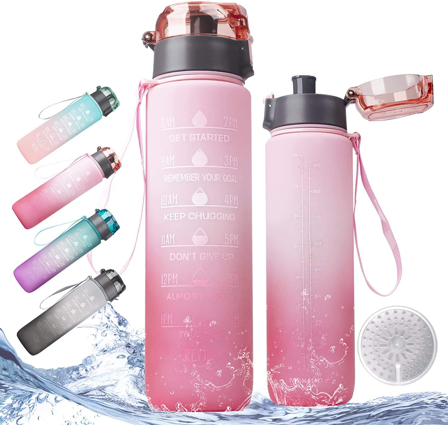 Gradient Leak Proof &Large 1 Liter 32 oz BPA Free Water Bottle with Time Marker Fruit Infuser Strainer