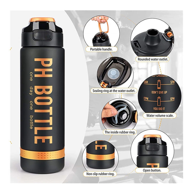 32oz 1L Fitness Gym Sport Plastic Water Bottle With Time Marker With Straw