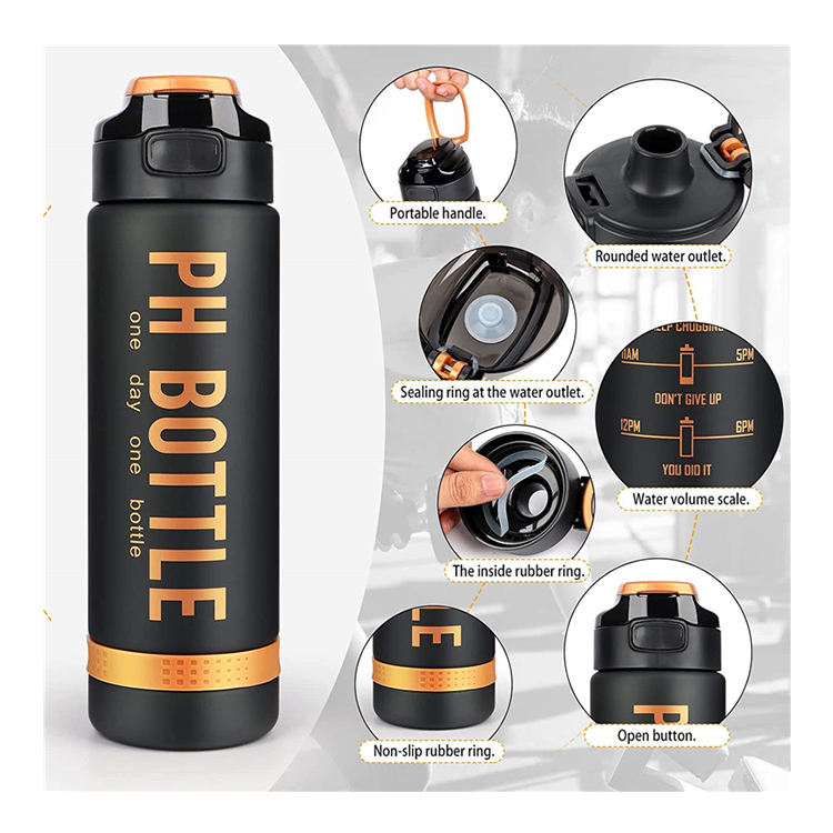 32oz 1L Fitness Gym Sport Plastic Water Bottle With Time Marker With Straw
