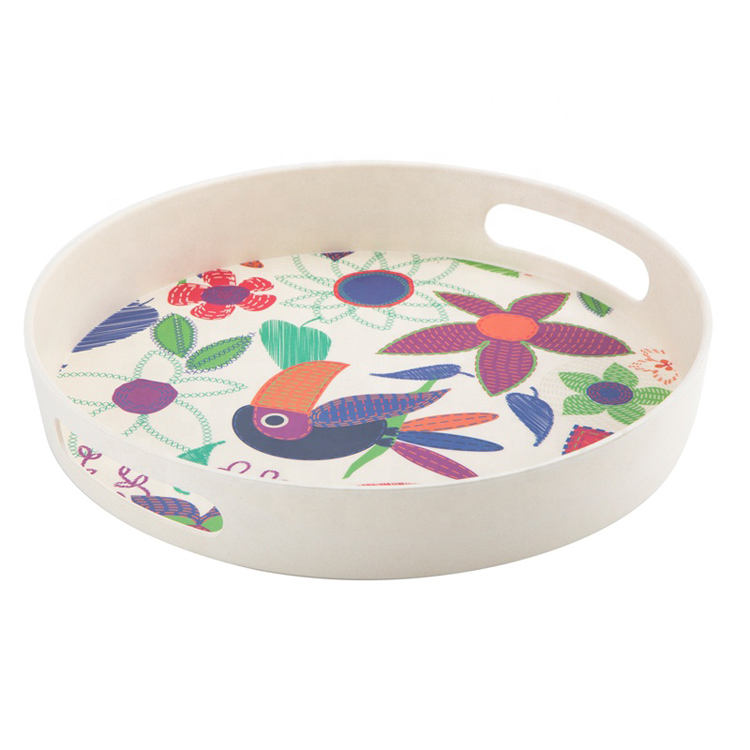 Customized Factory Supply Ivory Color Organic Natural Bamboo Fiber Tray With the Handle
