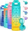 32OZ BPA Free Water Bottle & No Sweat Sleeve -Leak Proof Gym Bottle with Time Marker - Ideal Gift for Fitness or Sport