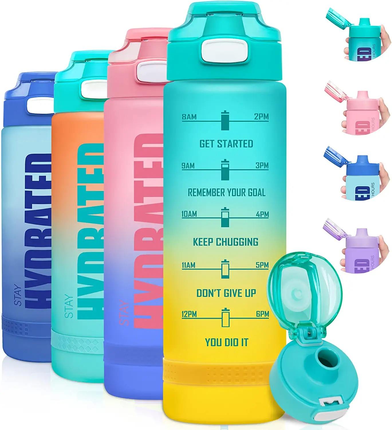 32OZ BPA Free Water Bottle & No Sweat Sleeve -Leak Proof Gym Bottle with Time Marker - Ideal Gift for Fitness or Sport