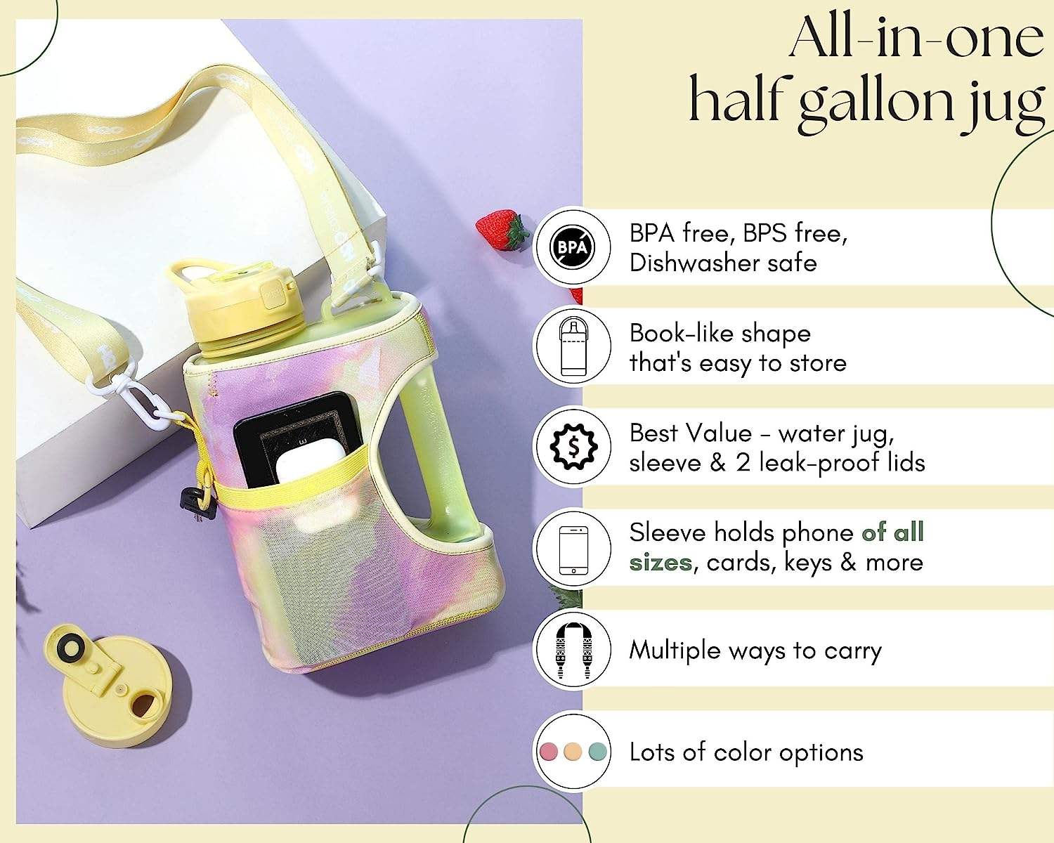 2.2L Half Gallon Water Bottle with Storage Sleeve Large Sippy Cup with Handle