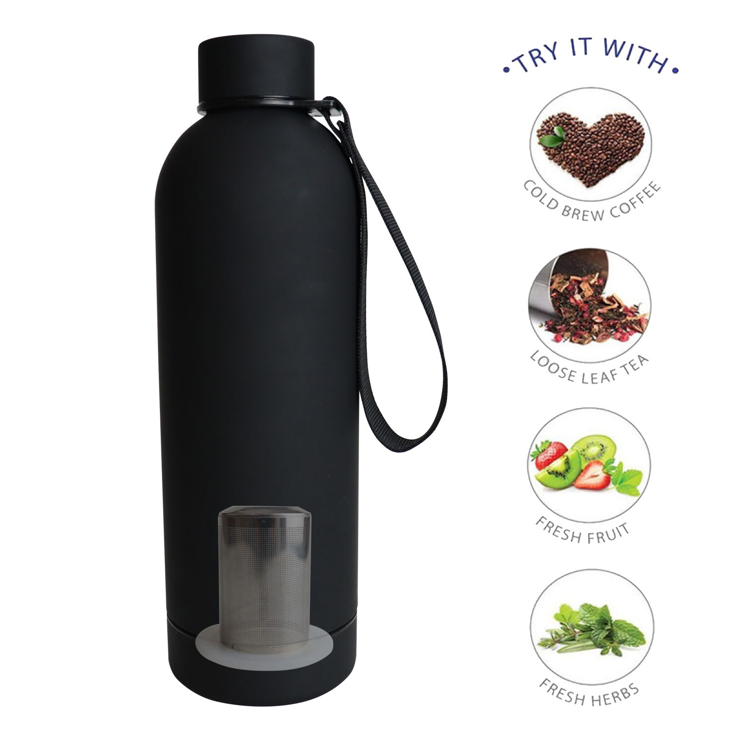 2024 New Tea Cup Black Colour with Filter Tea Cup Fruit Cup with Handle Rope Easy to Carry 500ML Stainless Steel Bottle