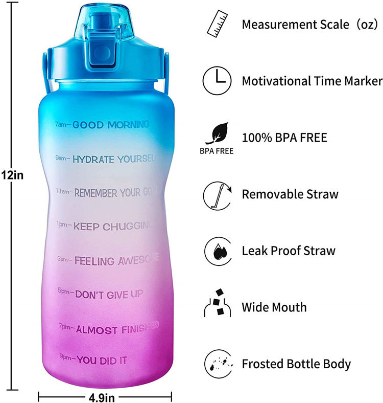 Custom Logo Bpa Free Customized Wholesale 2.2L Large Half Gallon 64Oz Gym Motivationa Water Bottle