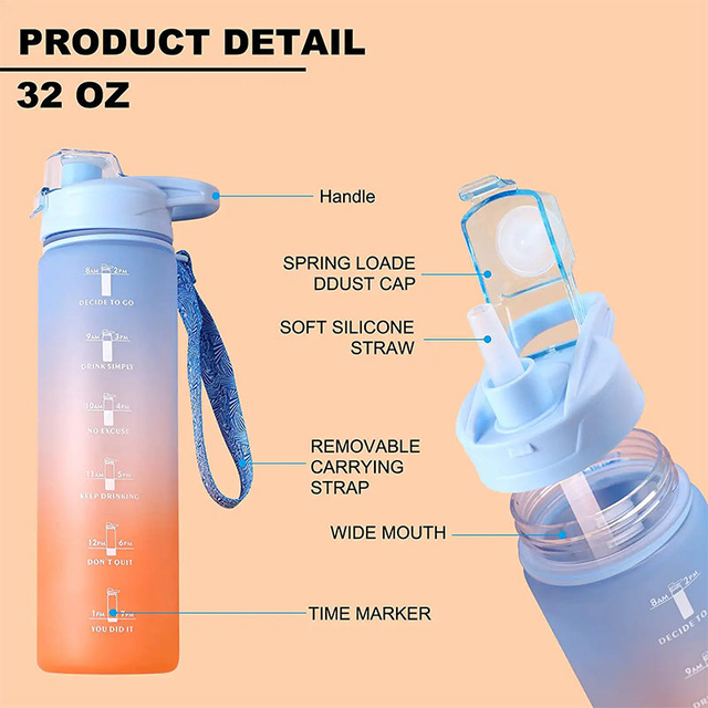 Bpa-Free 1L Sport Plastic Gradient Color Motivational Large Water Bottle With Time Marker With Straw