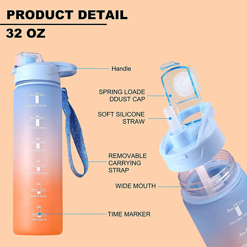 Bpa-Free 1L Sport Plastic Gradient Color Motivational Large Water Bottle With Time Marker With Straw