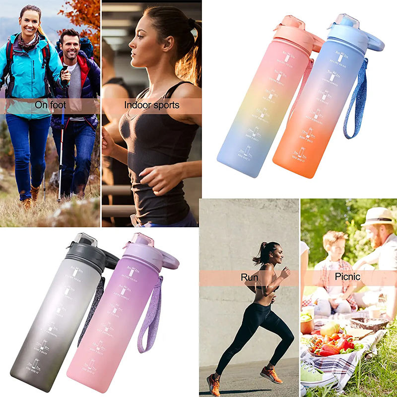 Wholesale Gradient Gym Bottle 1L BPA Free Sports Motivational Drink Bottle Plastic Water Bottles with Time Marker