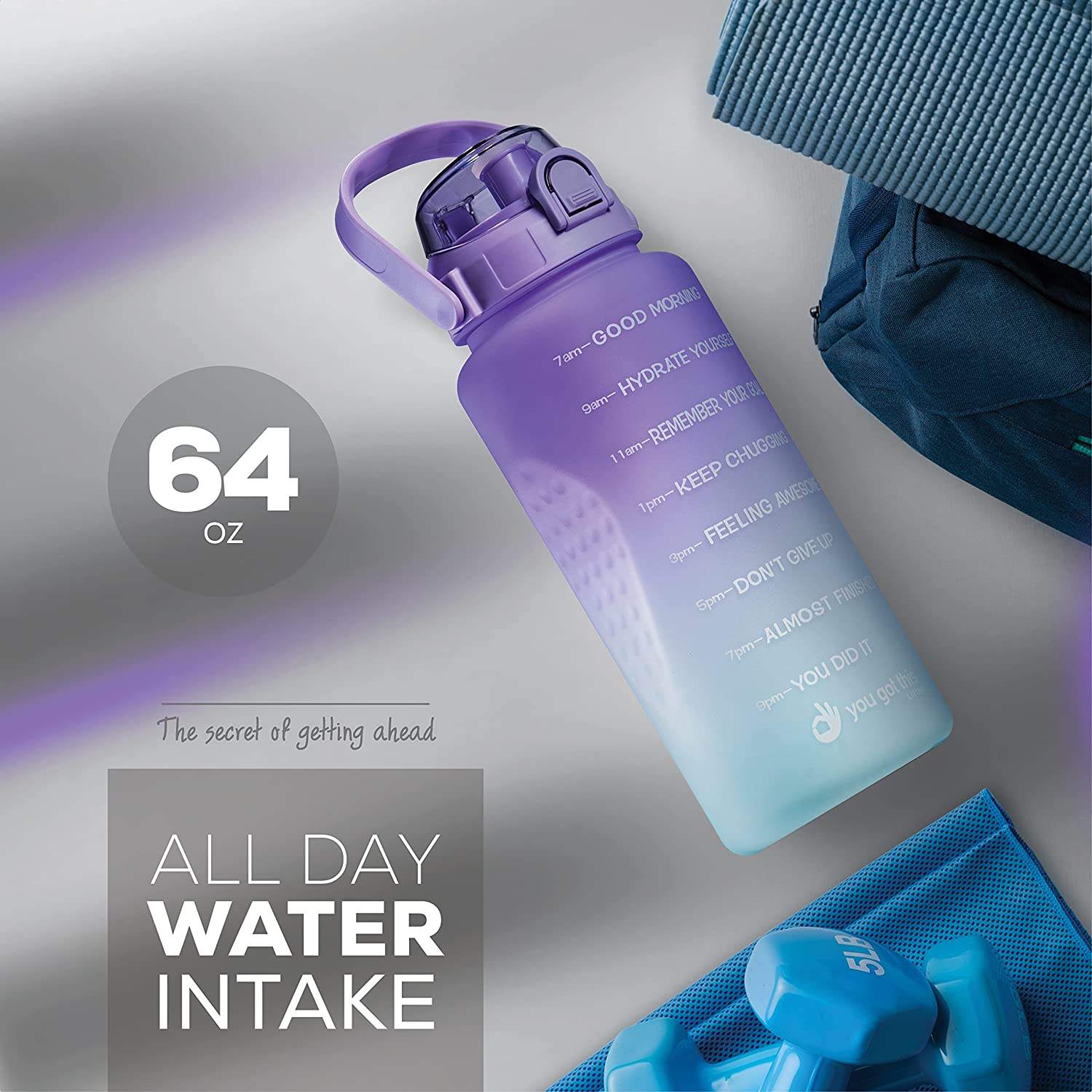 64 OZ 2L WATER BOTTLE Large Capacity Gym with Motivational Words Water Level Reminder to Drink Water