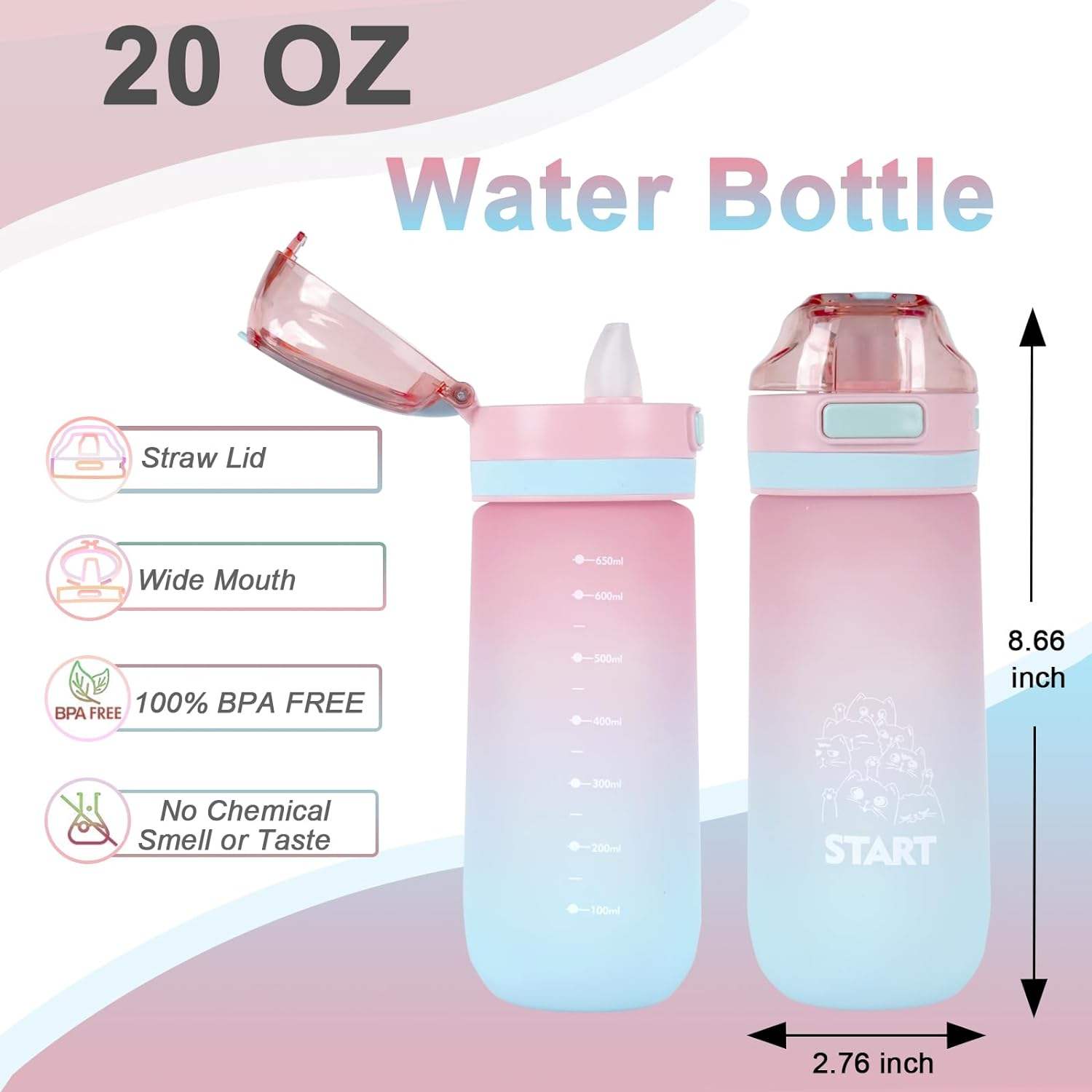 20oz/600ml Daily Water Bottle With Soft Straw,Reusable Plastic BPA Free Leakproof Water Jug