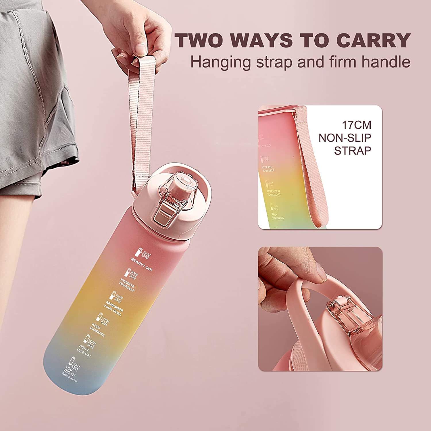 Sport Daily Water Bottles with Times to Drink Pop-up Straw Tritan Water Bottle with Motivational Time Marker for Fitness