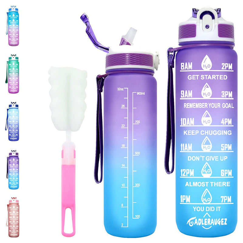 Bpa-Free 1L Sport Plastic Gradient Color Motivational Large Water Bottle With Time Marker With Straw