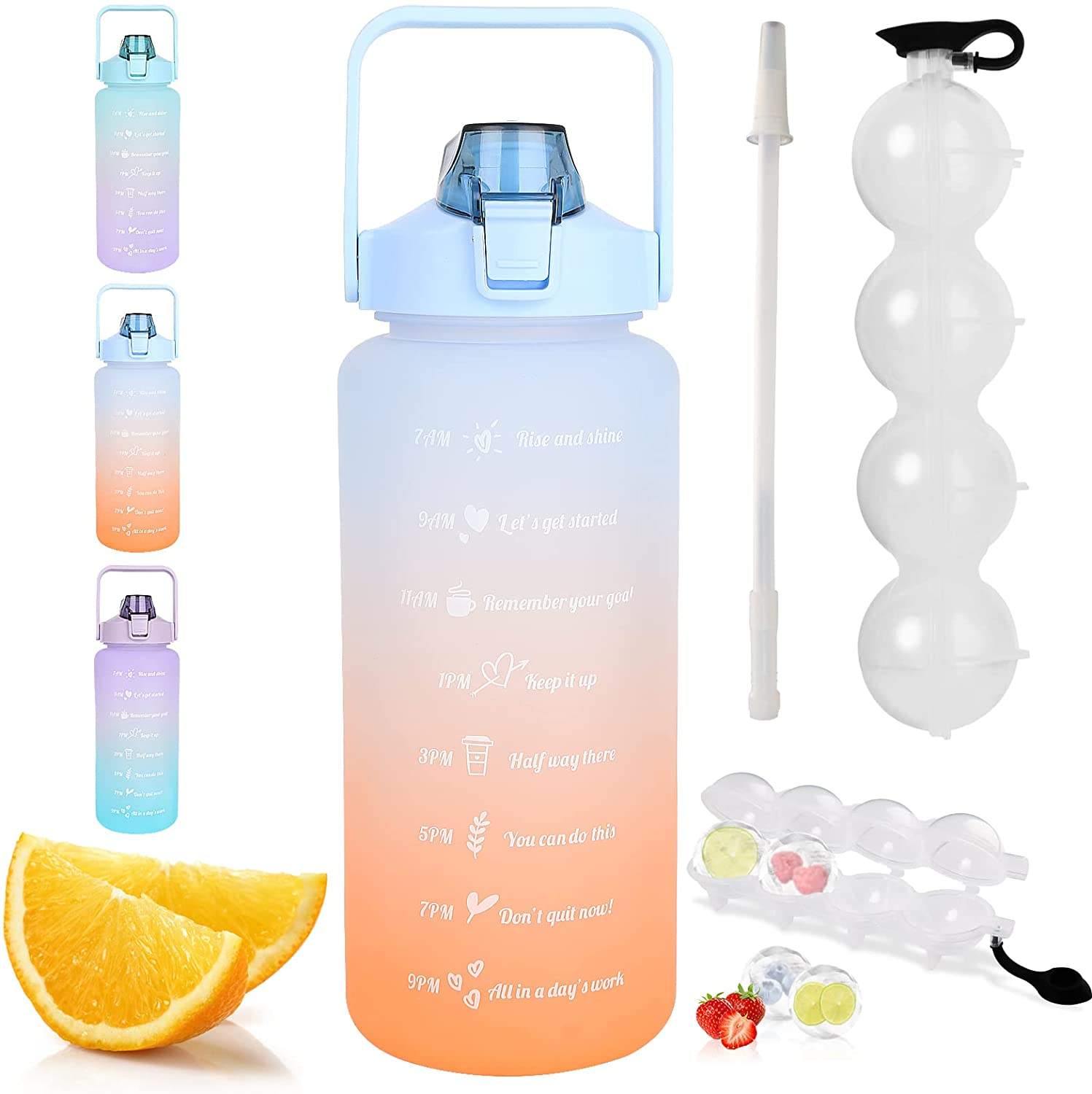 Water Bottle 1/2 Gallon Motivational Large Water Bottle With Time Marker & Straw