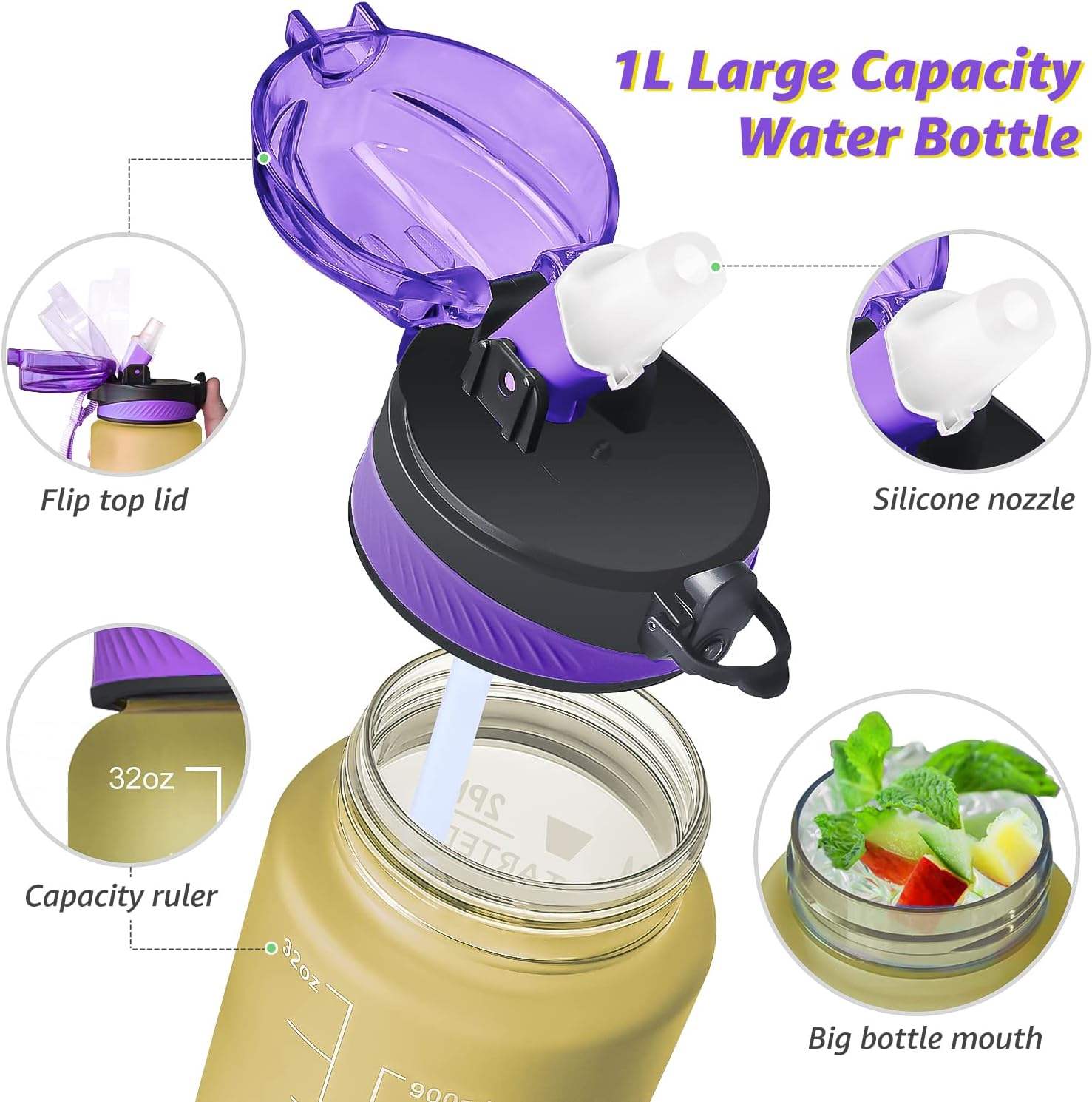 32 Oz 1 Liter 1000ml Hot Sale Motivational Water Bottle With Time Marker Plastic Sleeve Gym Fitness Sports