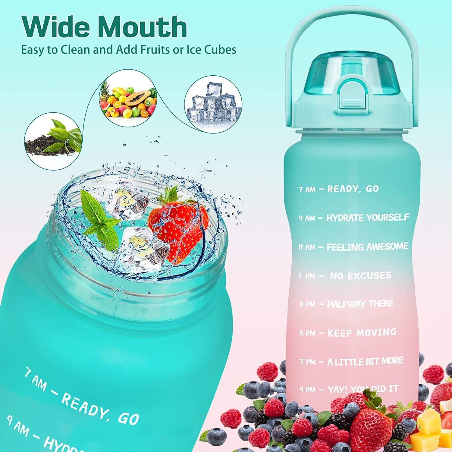 64 oz Water Bottle Large Half-gallon Water Bottle with Time Stamp Suitable for Fitness, Gym and Outdoor Sports
