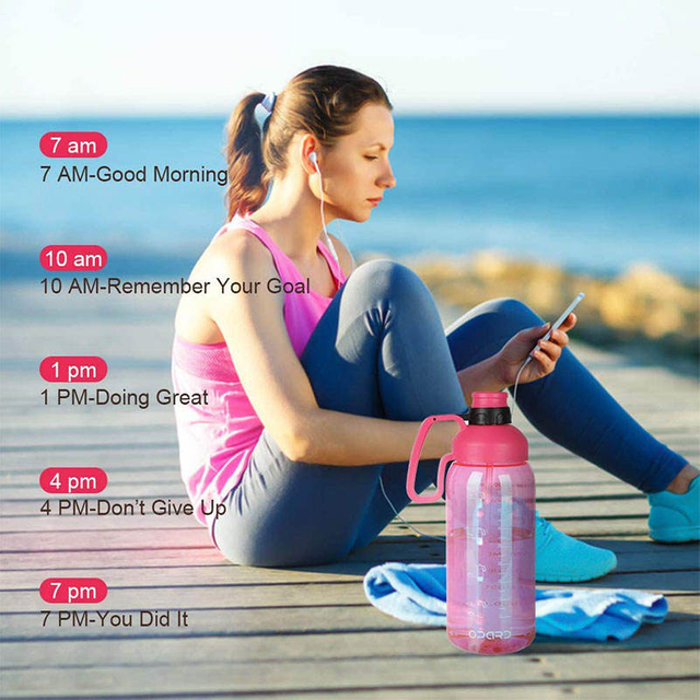 High Quality Transparent Outdoor Plastic Motivational Water Drink Bottle 64 Oz With Time Marker Handle