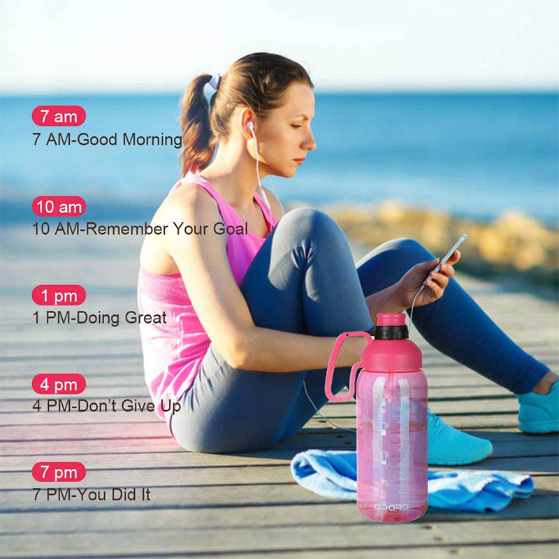 High Quality Transparent Outdoor Plastic Motivational Water Drink Bottle 64 Oz With Time Marker Handle