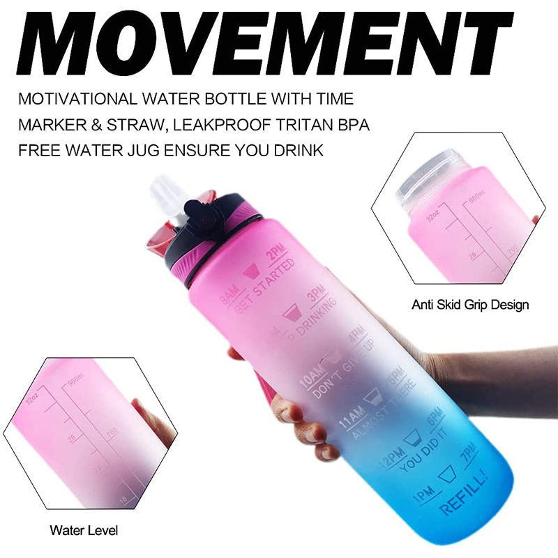 Custom Plastic Straw Strainer Filter Gym Sports 1L 32oz BPA Free Tritan Motivational Water Bottle With Time Marker