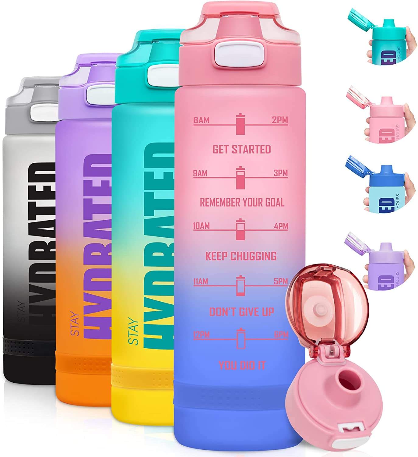 1000ml BPA FREE Plastic Water Bottle With Motivational Words and Rope Gradient Paint Sport Water Bottle