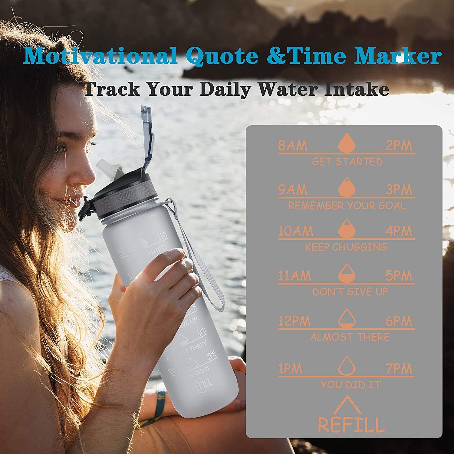 32oz Gradient Large Motivational Fitness Sports Water Bottle Reusable with Straw BPA Free Leakproof Plastic Bottle