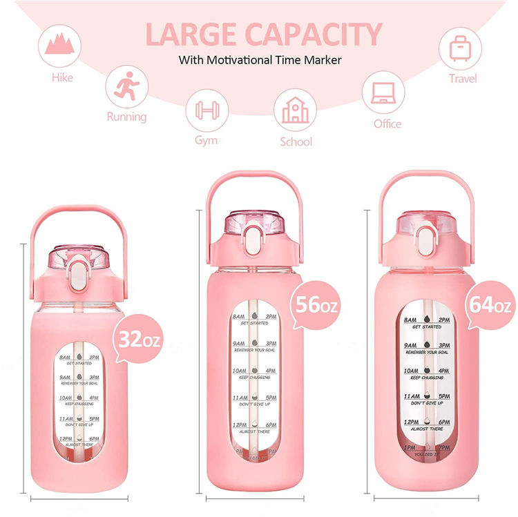 Hot Sale 2L Water Bottle with Straw and Handle Leakproof Motivational Time Marker Water Bottle with Silicone Sleeve