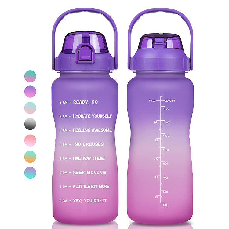 BPA FREE Half Gallon 64oz Gradient Color Motivational Plastic Sports Water Bottle with Time Marker