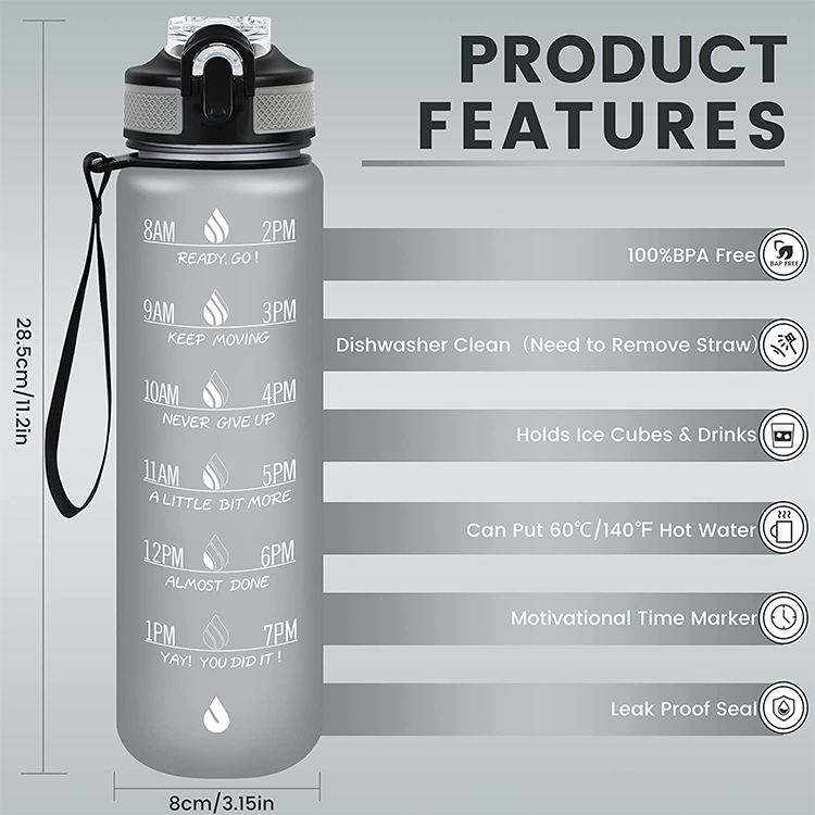 32oz 1L Tritan PCTG BPA Free Gym Gallon Custom Sport Motivational Plastic Water Bottle with Straw Time Marker Custom logo