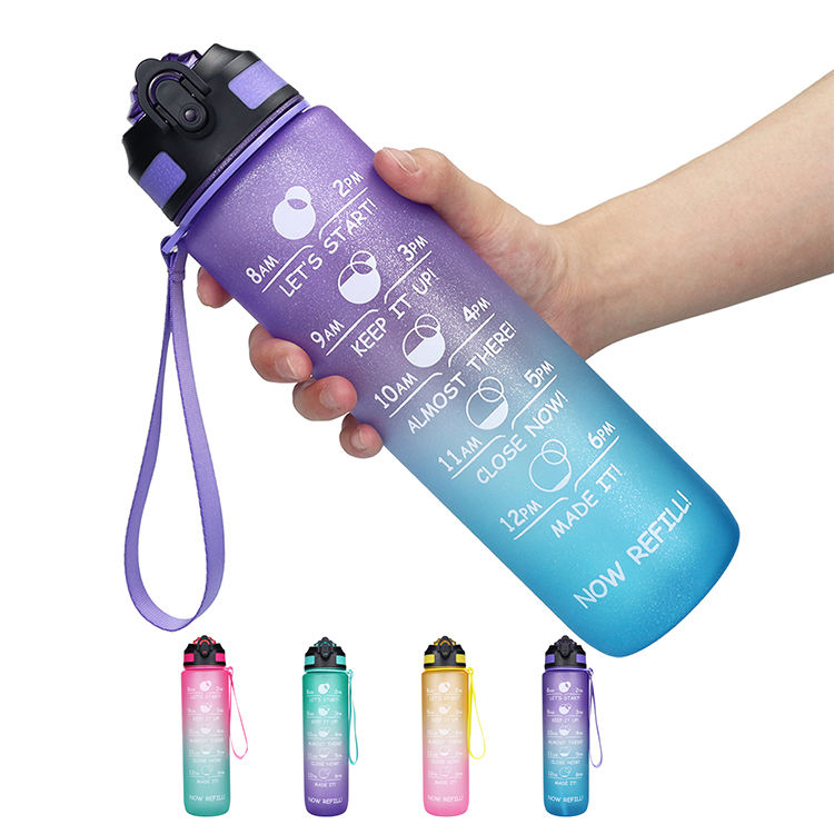 Gradient Drinking 1000ml 1L Plastic Creative Frosted Straw Cover Space Water Sports Bottle Outdoor Travel Mug with Silicone Hand